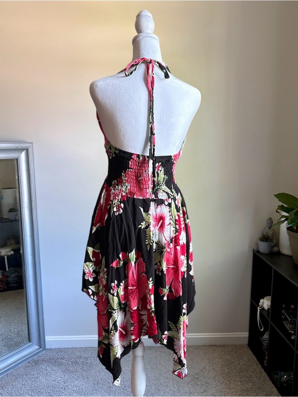 Halter handkerchief hem Floral Dress in Black with Pink Hibiscus - Picture 2 of 7